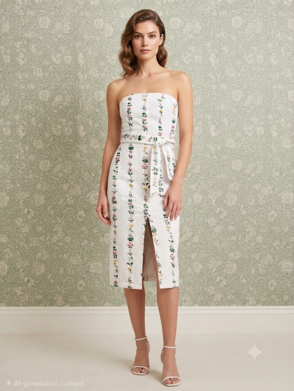 Adam Lippes Strapless Belted Floral-Print Twill Midi Dress